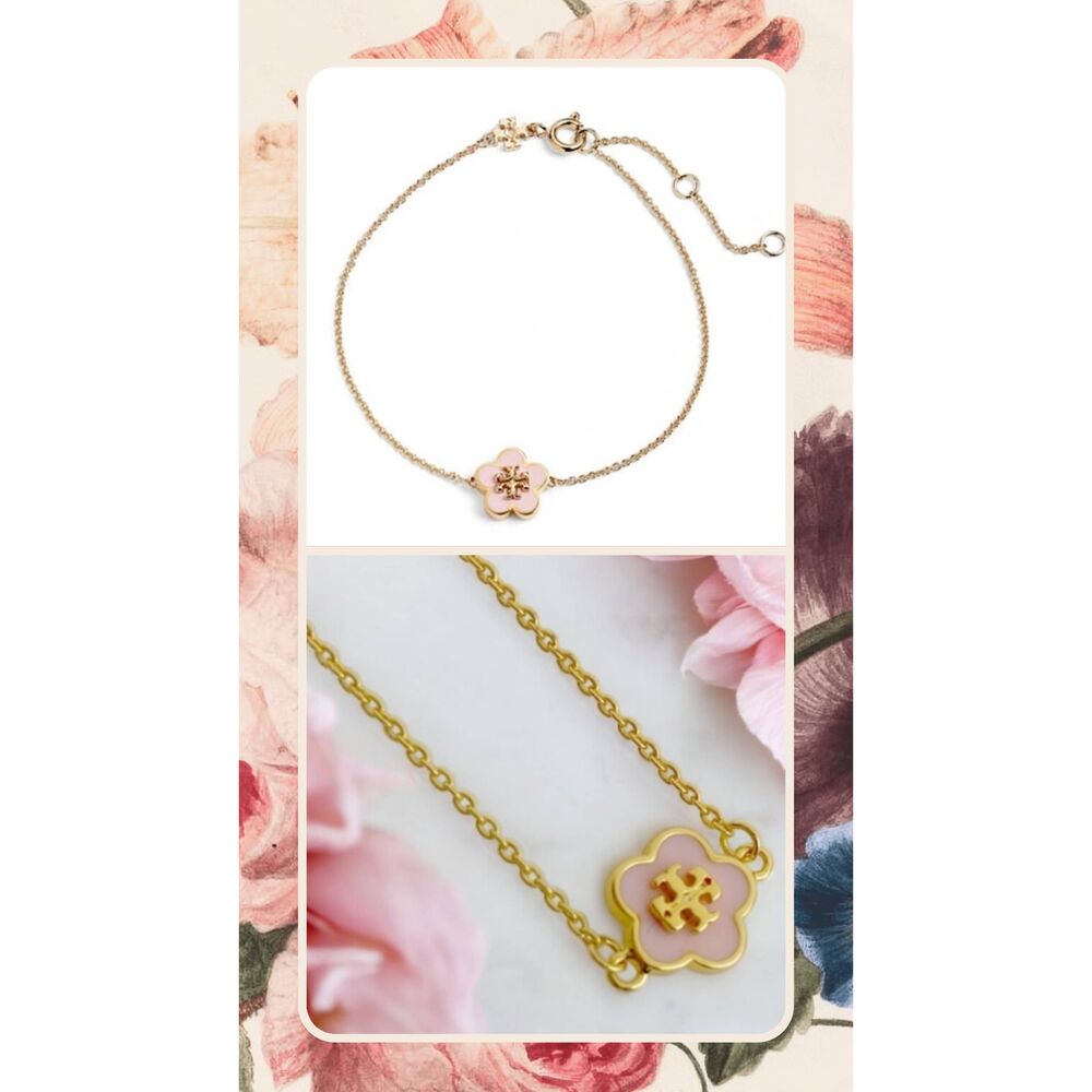 TORY BURCH Kira Orchid Pink Enamel Flower Logo T Gold Chain Bracelet